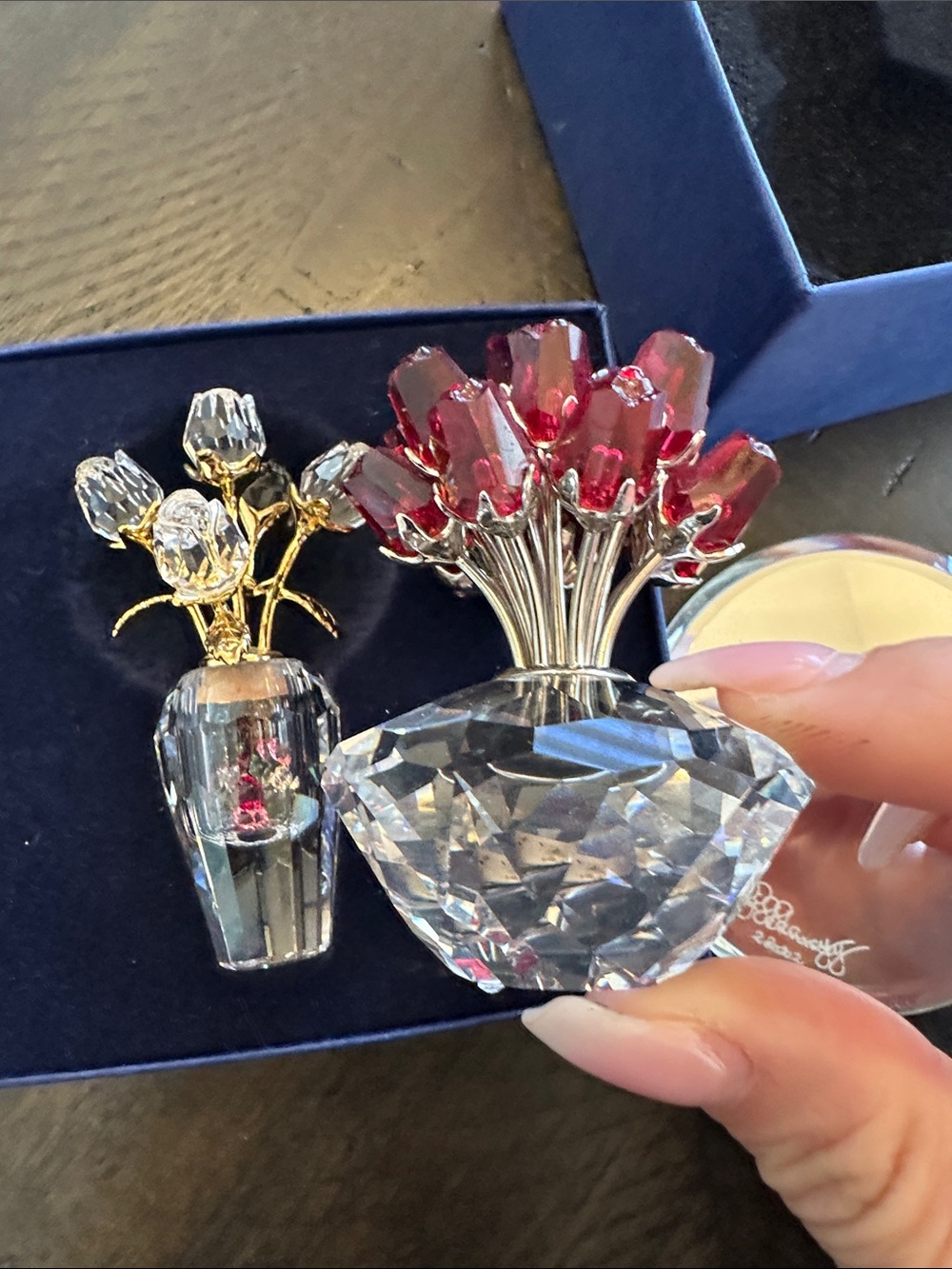 Sworo Crystal Decorative Flower Vase and Red Glass Blossom Accent - Home Accents